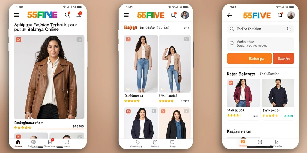 Tampilan antarmuka aplikasi 55FIVE dengan koleksi fashion terkini.